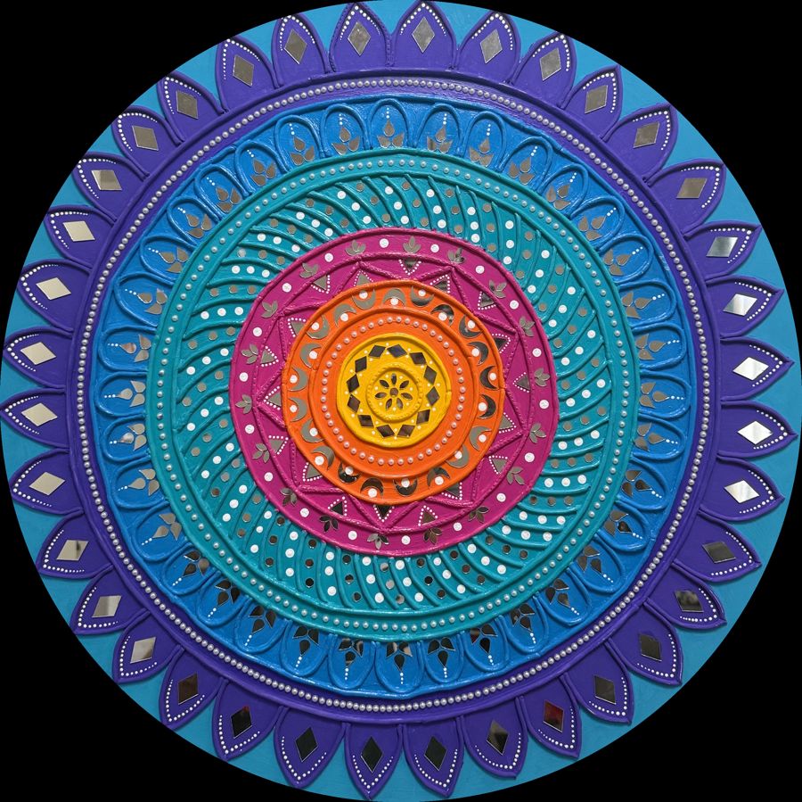 Spectrum Bloom: round hand-painted mandala in turquoise, royal purple, magenta and a glowing orange-gold core