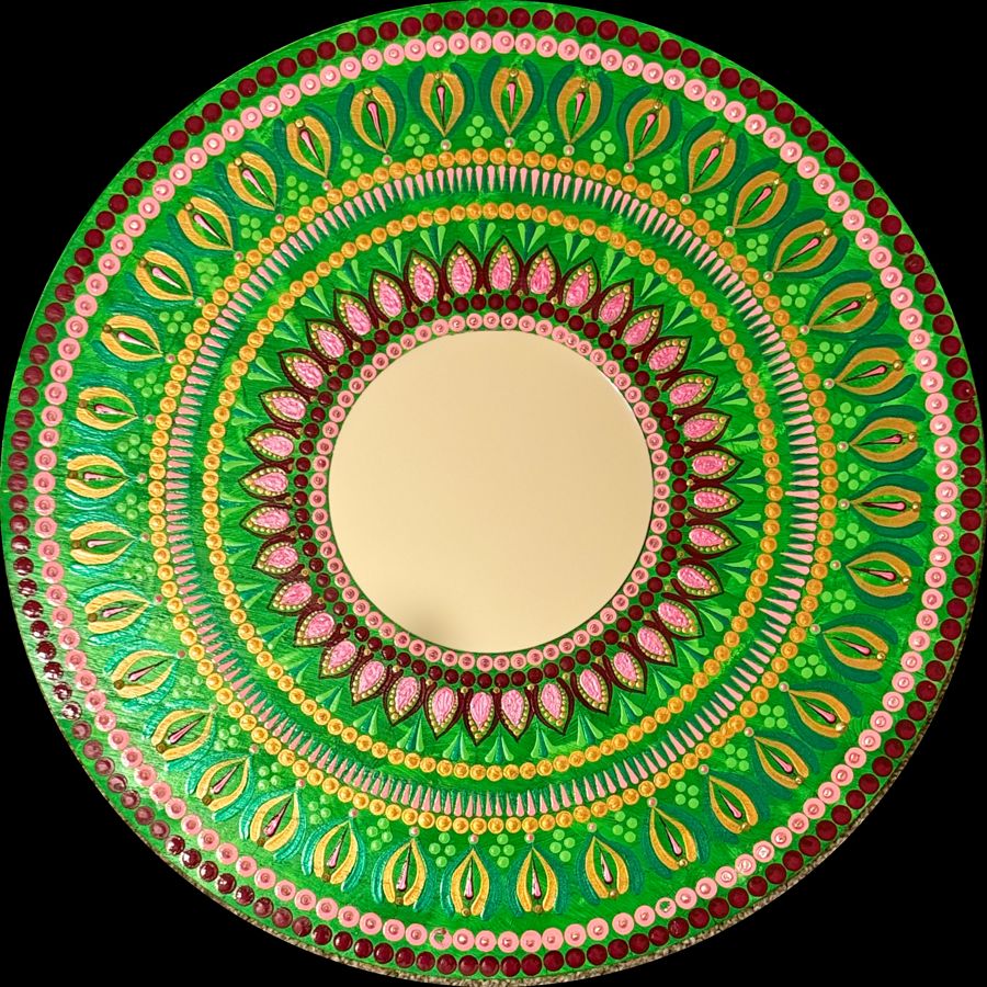 Emerald Reflection Mirror: round hand-painted mandala in emerald green, gold and rose pink, around a real inset mirror