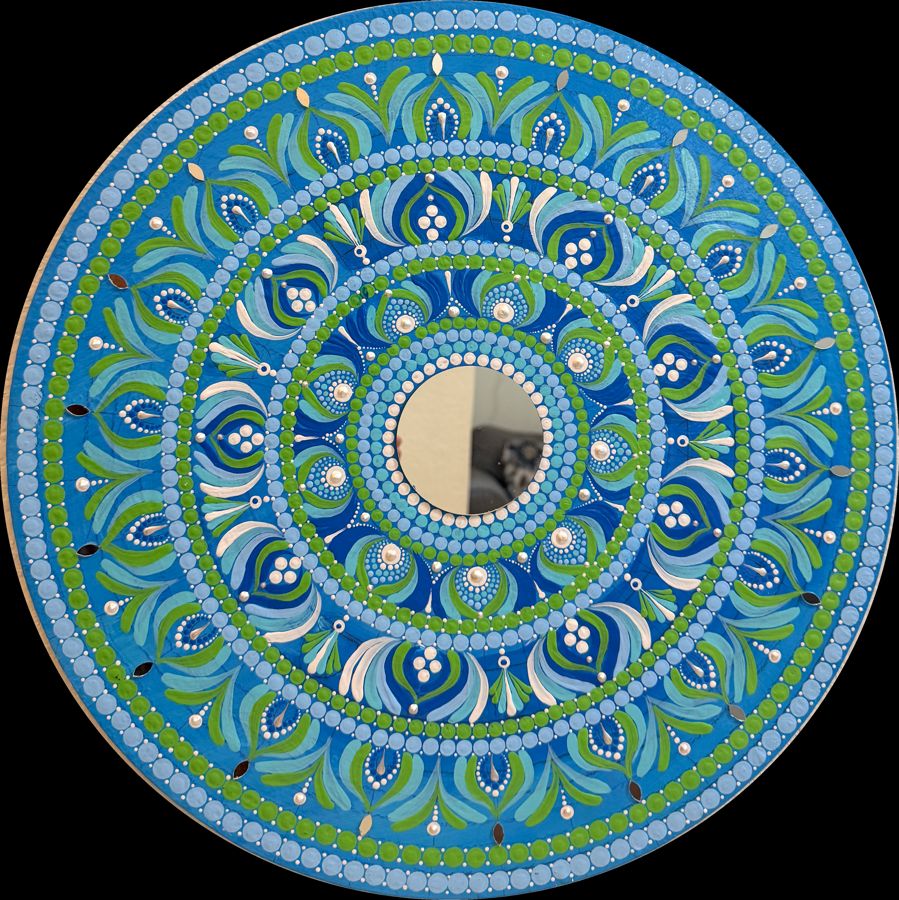Still Waters Mirror: round hand-painted mandala in ocean blue, fresh green and white, around a real inset mirror