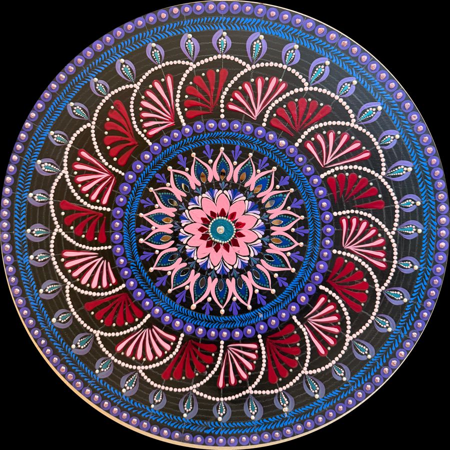 Crimson Lotus: round hand-painted mandala in crimson red, sapphire blue and pink with white pearling on black