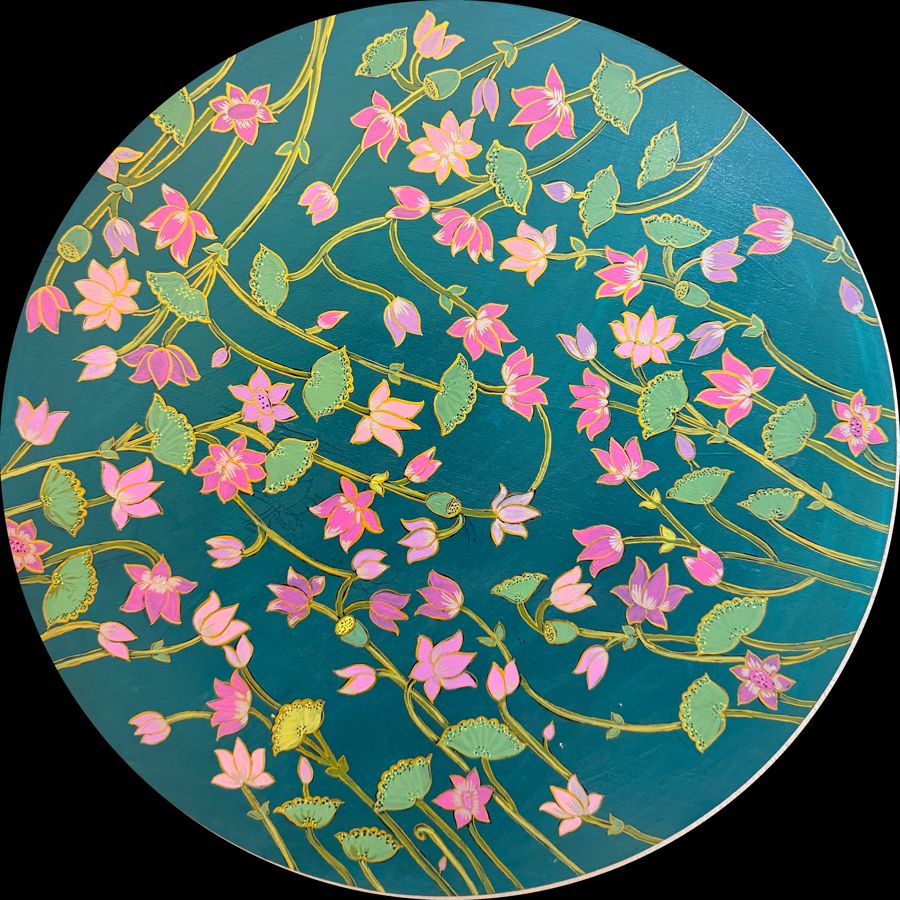 Lotus Vines: round hand-painted mandala in deep teal with blush-pink lotus blooms and gold-lined vines