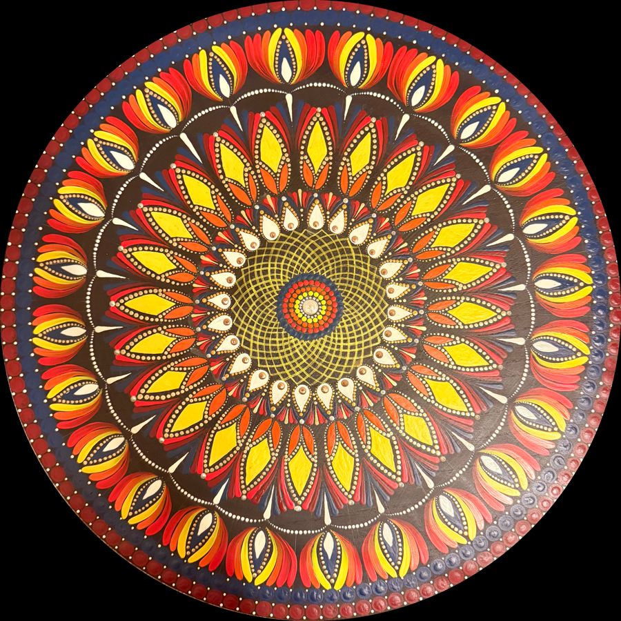 Solar Flare: round hand-painted mandala in fiery red, orange and yellow flame petals on a dark ground