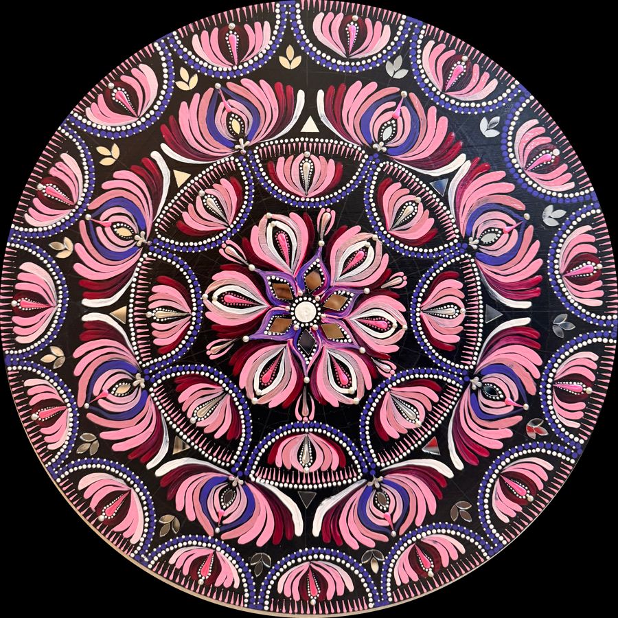 Rose Quartz Mandala: round hand-painted mandala in rose pink, magenta and maroon with white dotwork on black