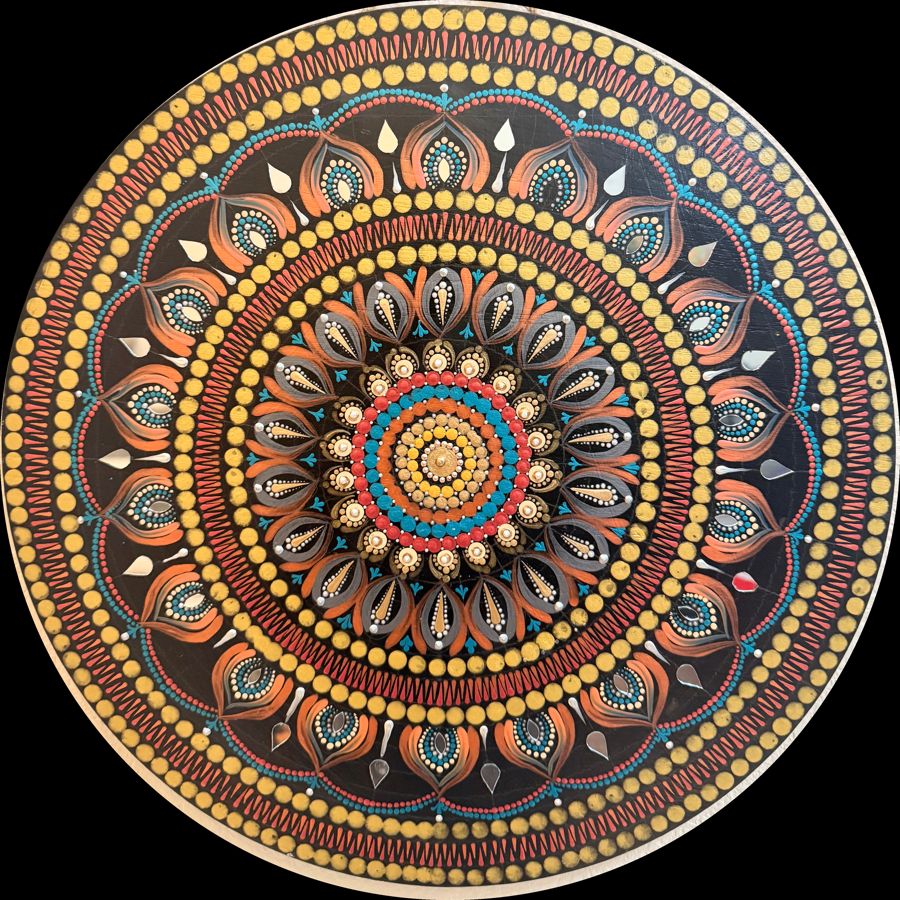 Terracotta Sun: round hand-painted mandala in warm terracotta, antique gold and teal on a deep espresso ground