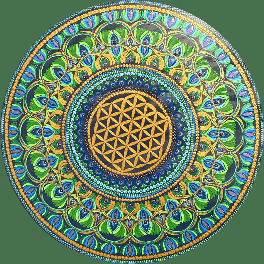 Flower of Life: round hand-painted mandala in emerald and teal peacock tones around a gold Flower of Life core